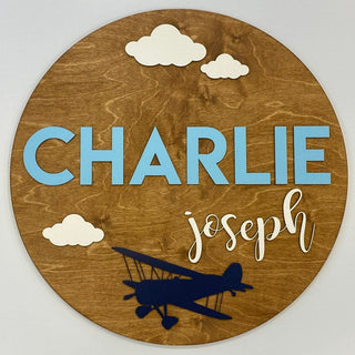 Sugar + Maple Round Personalized Wood Name Sign | Airplane - Shop at The Pump Station and Nurtury