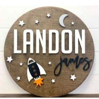 Sugar + Maple Round Personalized Wood Name Sign | Space Ship - Shop at The Pump Station and Nurtury